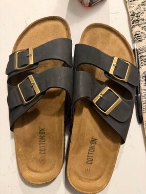 Cotton On Black Double-Strap Slides with Gold Buckles